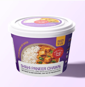 DryM Foods Shahi Paneer Chawal bowl with purple packaging and white lid
