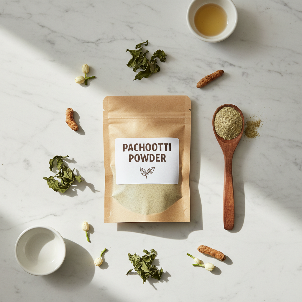 Pachootti Powder 50g — Blueberry Botanicals traditional Kerala herbal face pack powder in kraft packaging on white marble