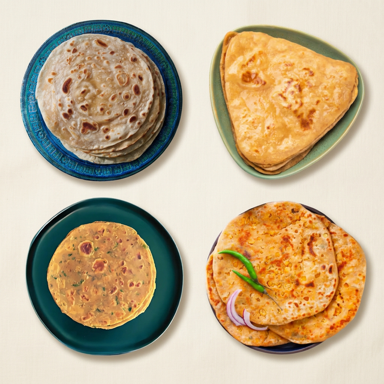 Breads collection cover with Chapatis, Parathas, Theplas and Dal Parathas