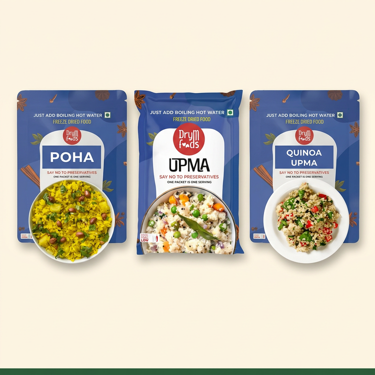 Breakfast collection image with Poha, Upma and Quinoa Upma