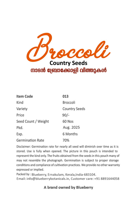 Broccoli Seeds Country Variety 60 Pack - Premium Quality- Blueberry Botanicals
