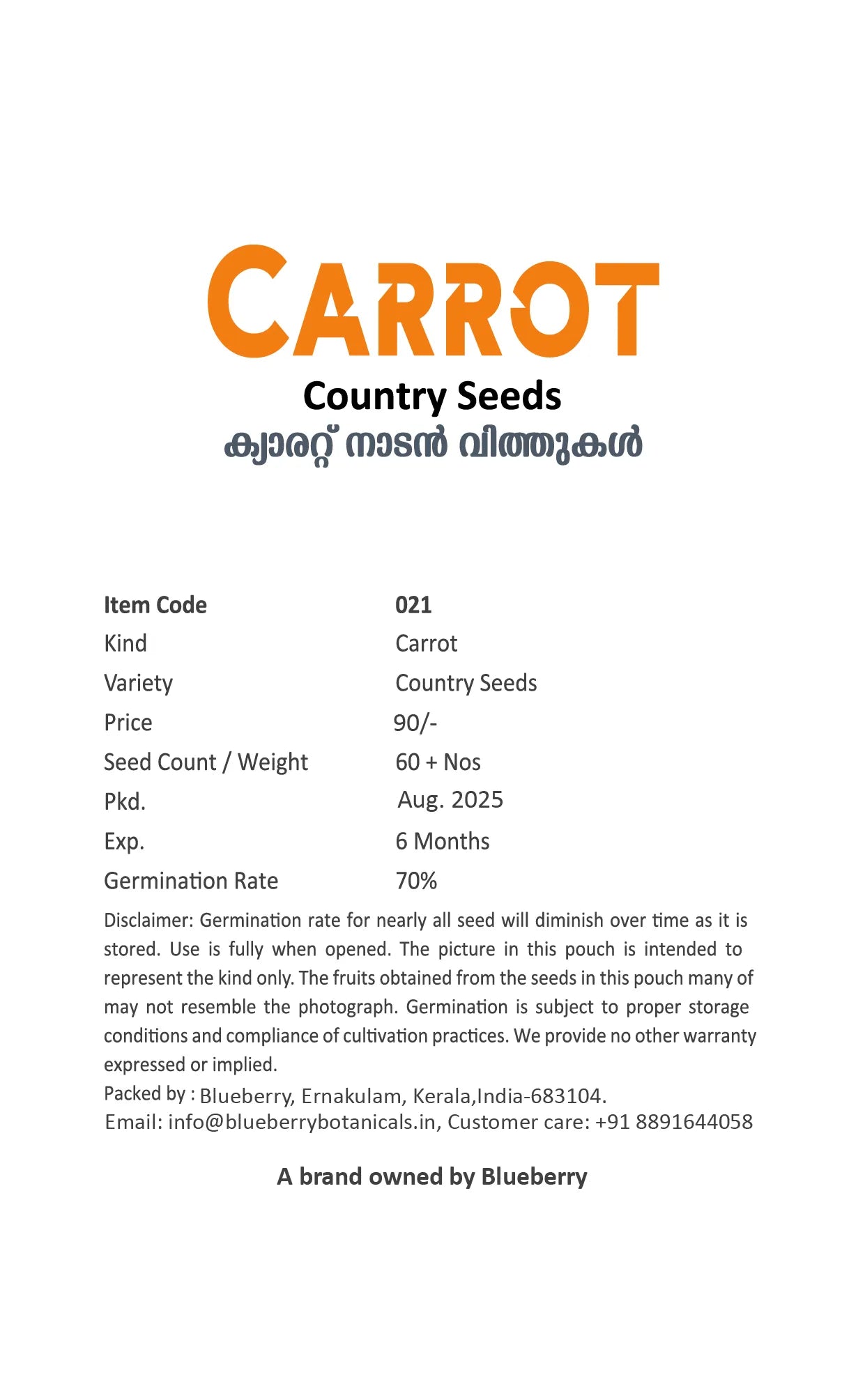Carrot Seeds Country Variety 60pcs - Sweet Orange Roots- Blueberry Botanicals