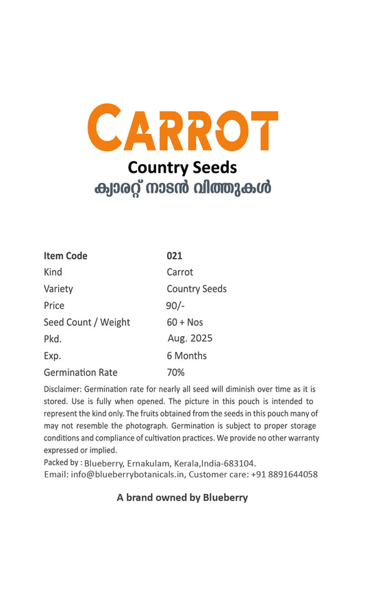 Carrot Seeds Country Variety 60pcs - Sweet Orange Roots- Blueberry Botanicals