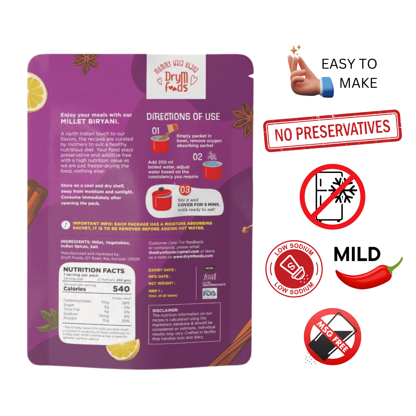 Millet Biryani 100g - Healthy Freeze Dried Meal Ready- Blueberry Botanicals