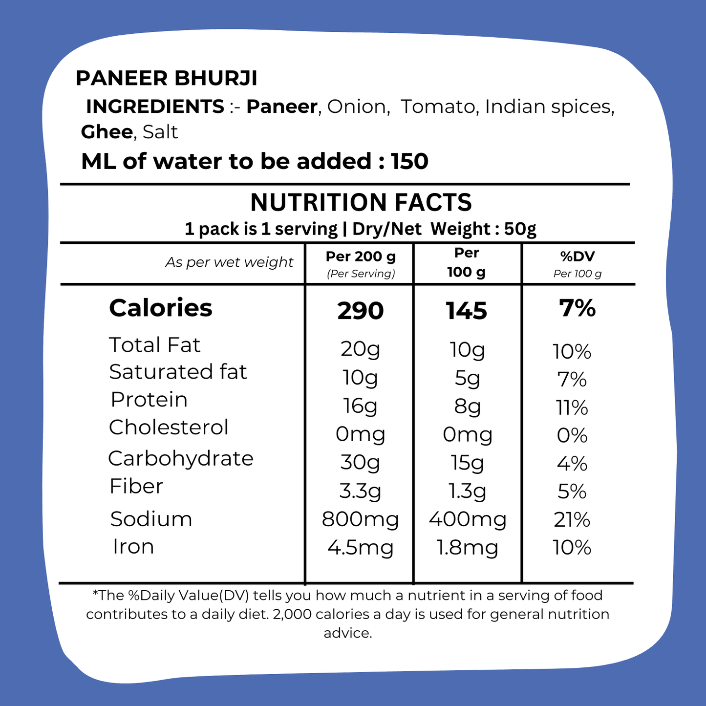 Instant Paneer Bhurji 100g - Scrambled Cottage Cheese- Blueberry Botanicals