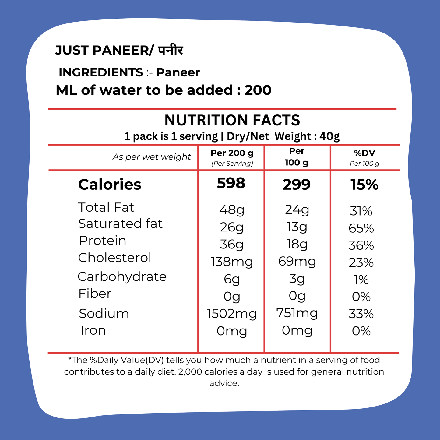 Just Paneer 50g - Ready to Eat Freeze Dried Cottage Cheese I Blueberry Botanicals