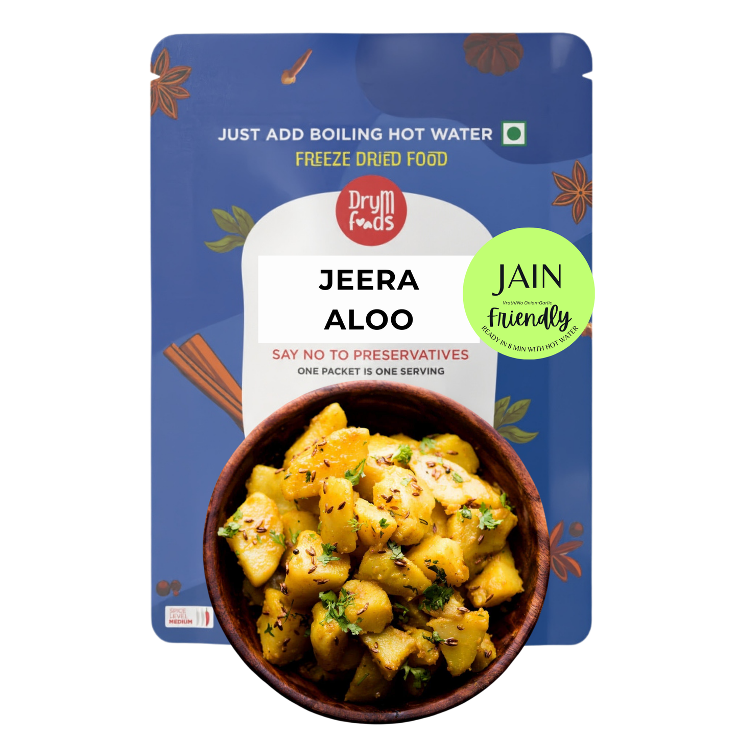 Jain Jeera Aloo 100g - Satvik Cumin Spiced Potatoes- Blueberry Botanicals