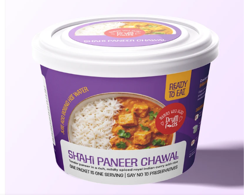 Purple DryM Foods Shahi Paneer Chawal tub with white lid and rice and paneer curry illustration
