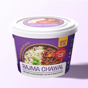 DryM Foods Rajma Chawal Bowl with lid and purple packaging