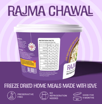 Rajma Chawal Bowl packaging with manufacturer storage and shelf-life statements