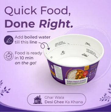 Shahi Paneer Rice Bowl preparation graphic with hot-water fill line and ten-minute preparation