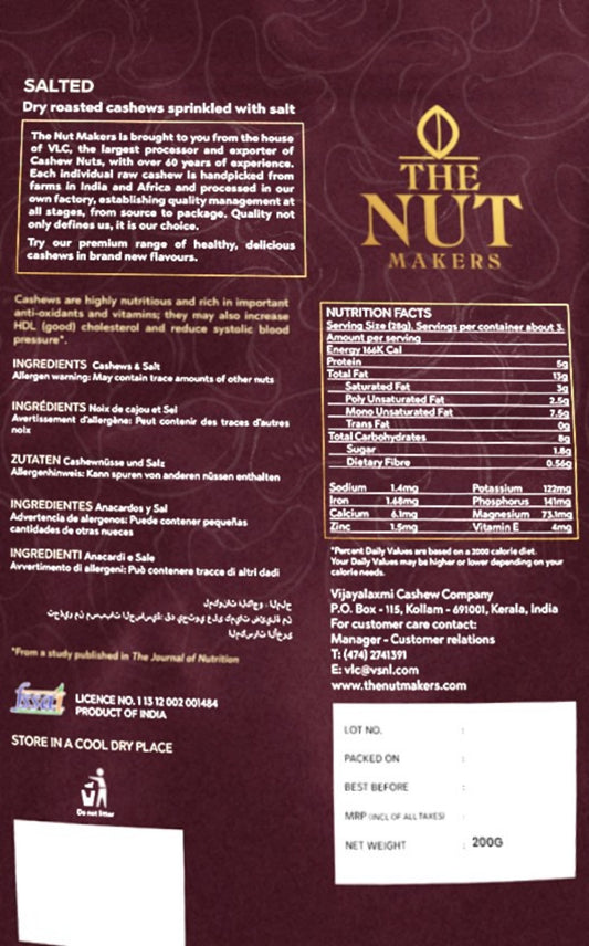 Dry Roasted Salted Cashews 200g Kerala Premium - Blueberry Botanicals