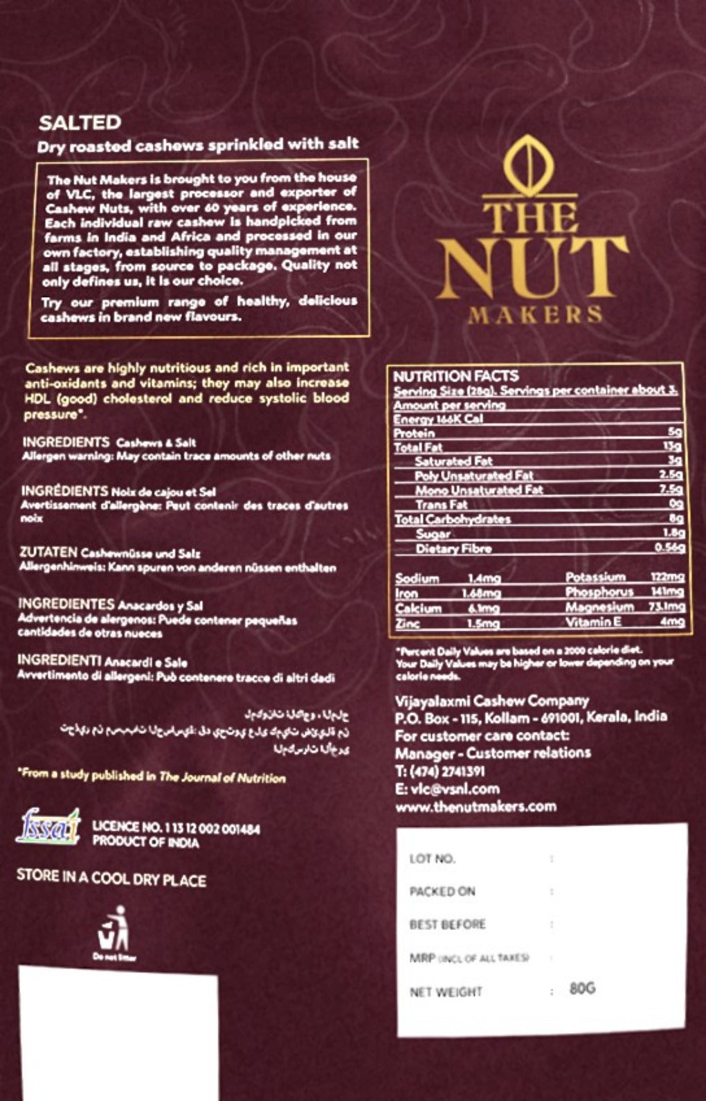 Dry Roasted Salted Cashews 80g Kerala Premium - Blueberry Botanicals