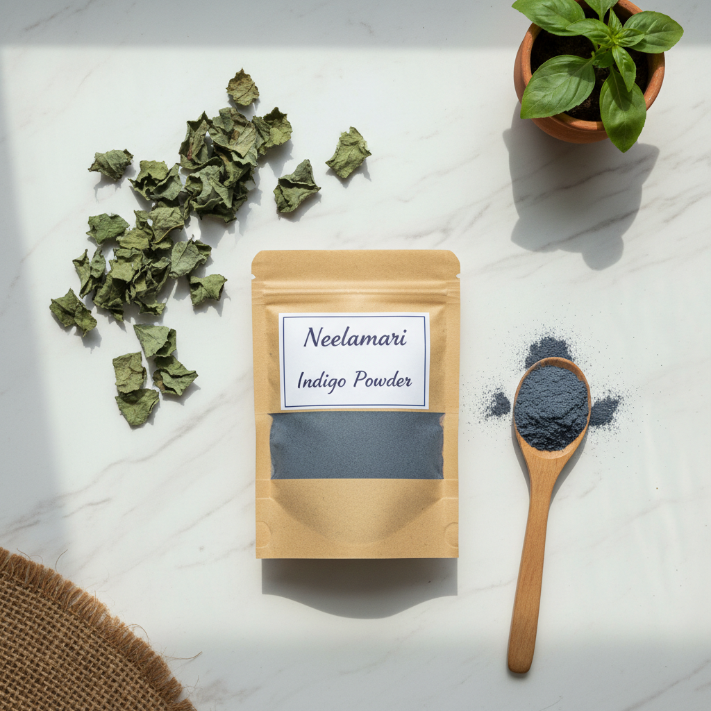 Neelamari Indigo Powder 100g — Blueberry Botanicals PPD-free herbal hair colour powder in kraft packaging on white marble