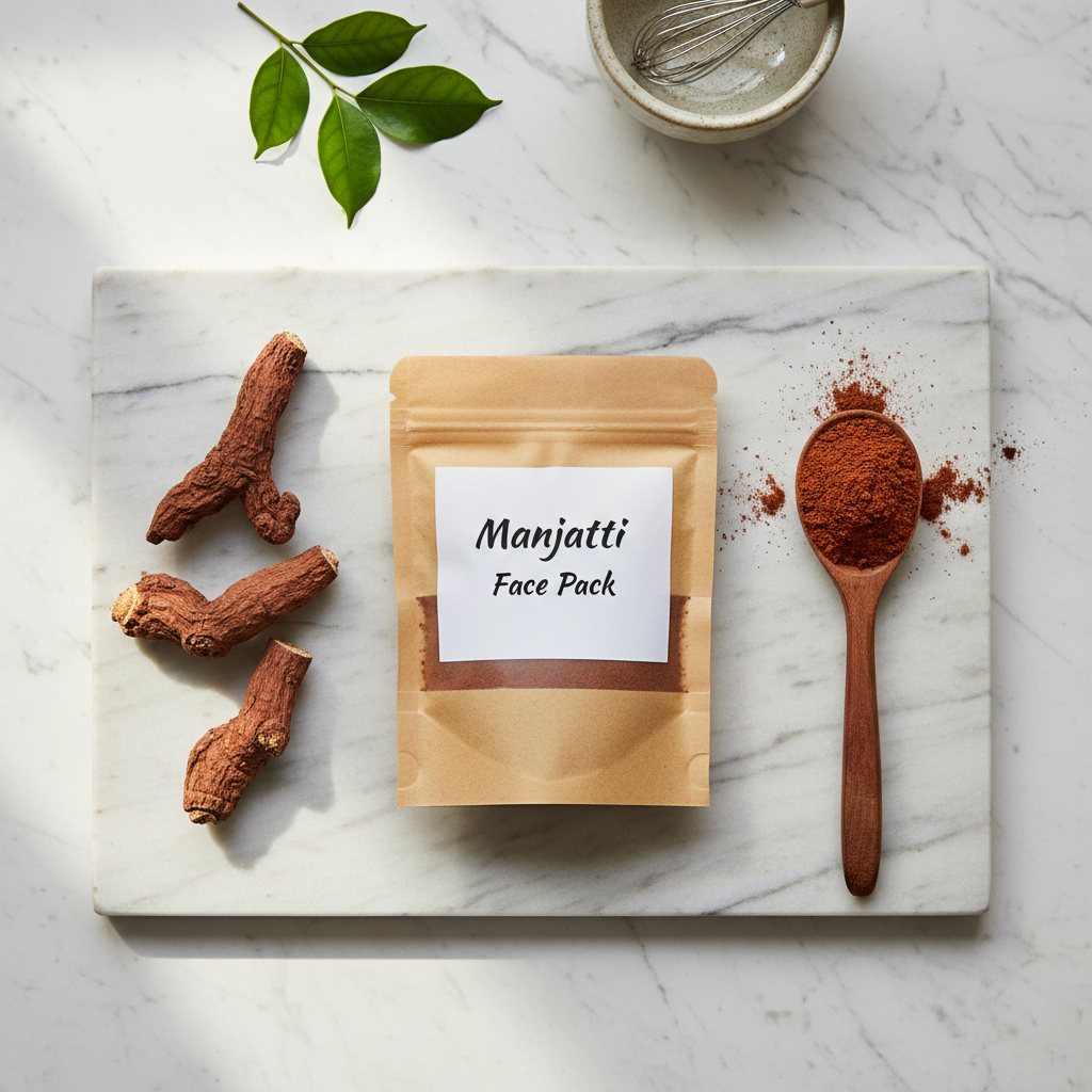 Manjatti Face Pack 100g — Blueberry Botanicals traditional Kerala herbal skincare face pack powder in kraft packaging on white marble