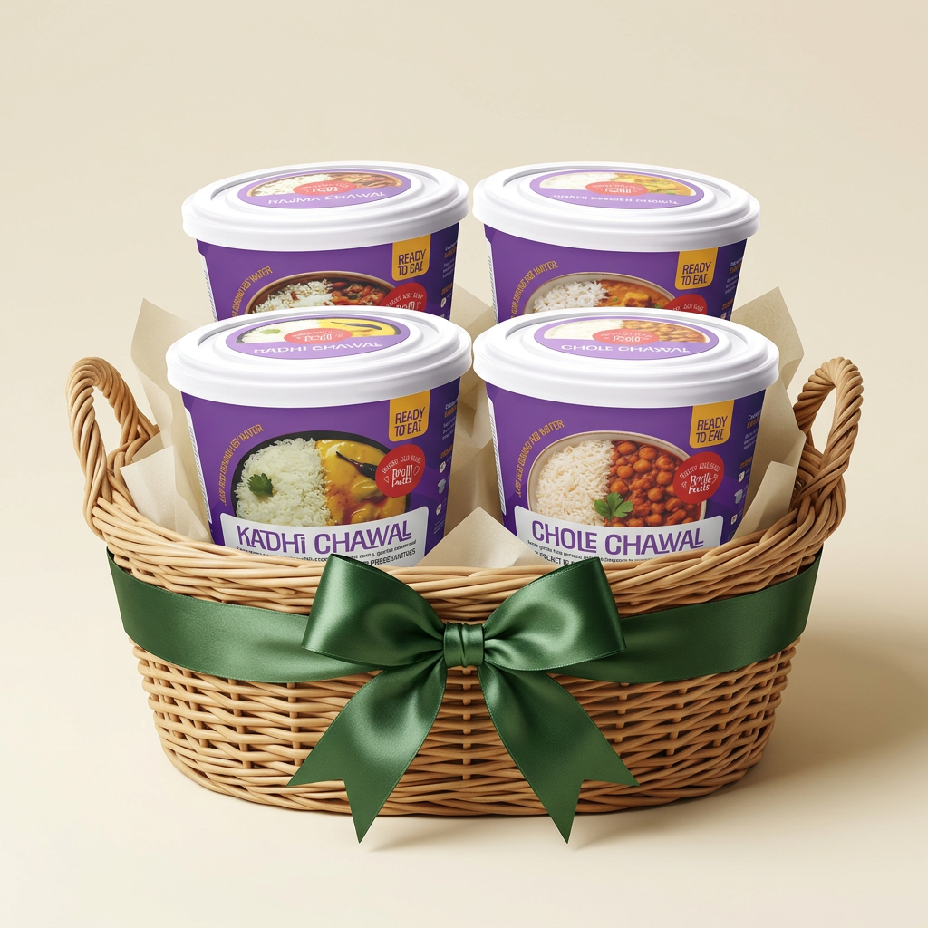 Indian Meal Bowl Combo in a woven gift basket with a green ribbon