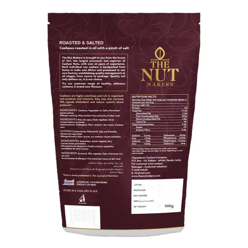 Oil Roasted Salted Cashews 500g Kerala Premium - Blueberry Botanicals
