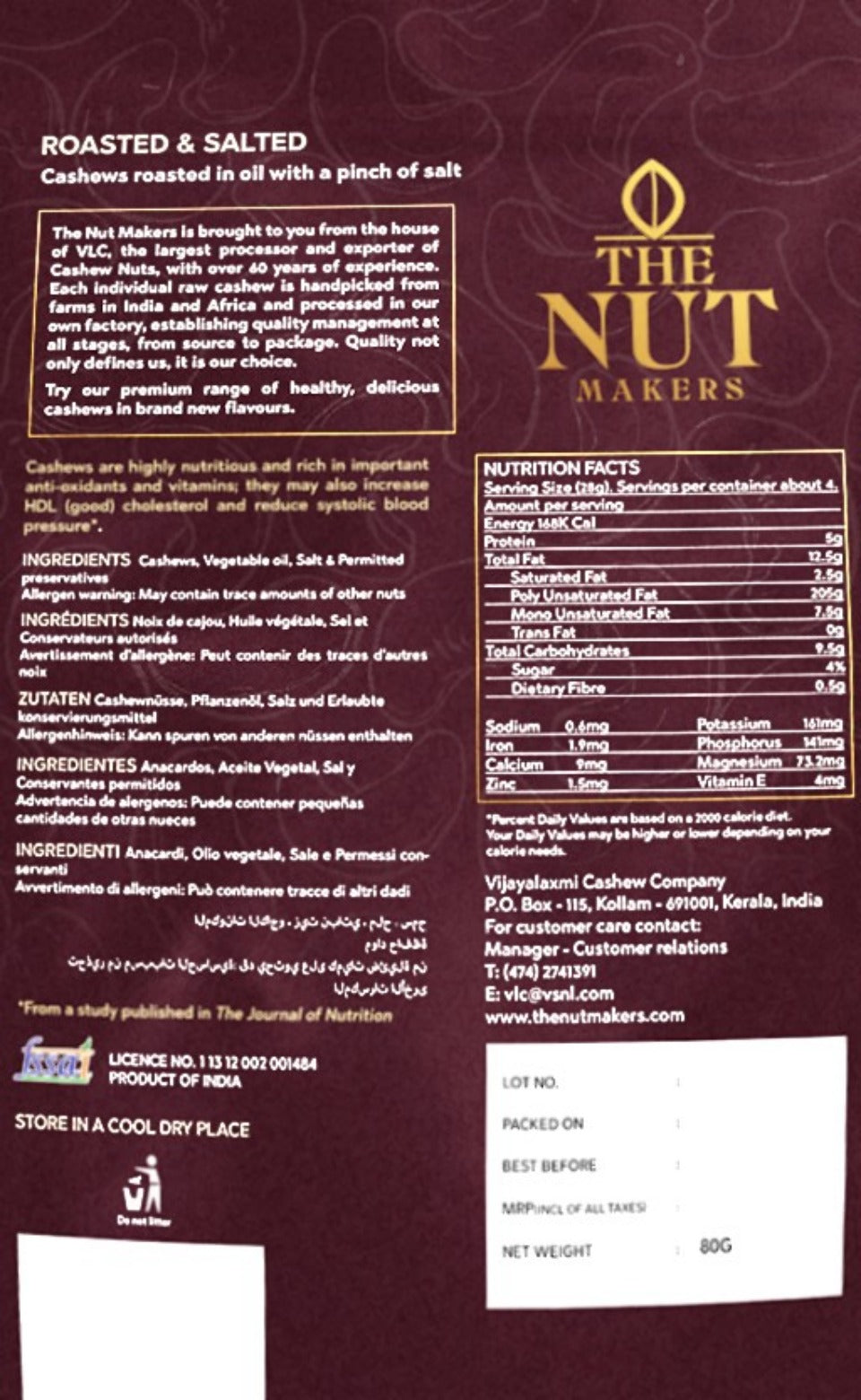 Oil Roasted Salted Cashews 80g Kerala Premium - Blueberry Botanicals