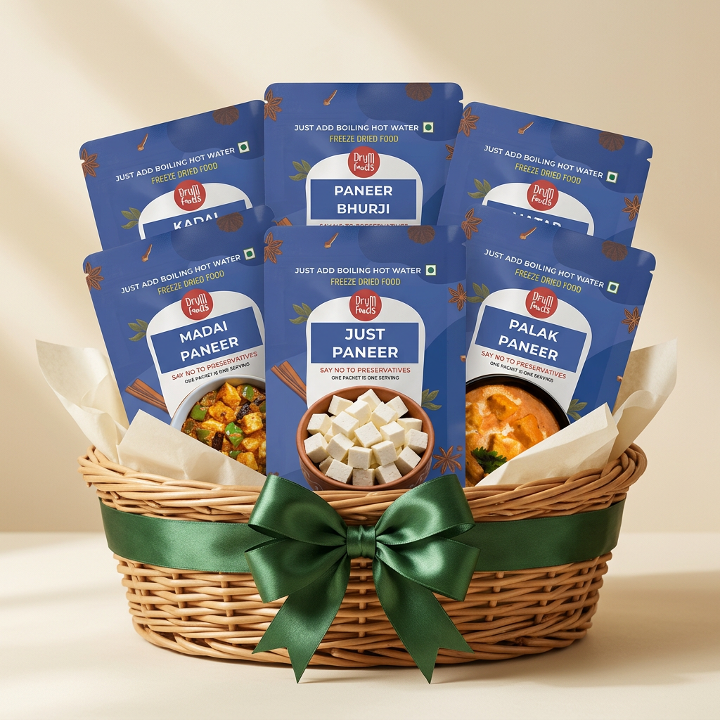 Premium Paneer Lovers Bundle in a gift basket with a green ribbon