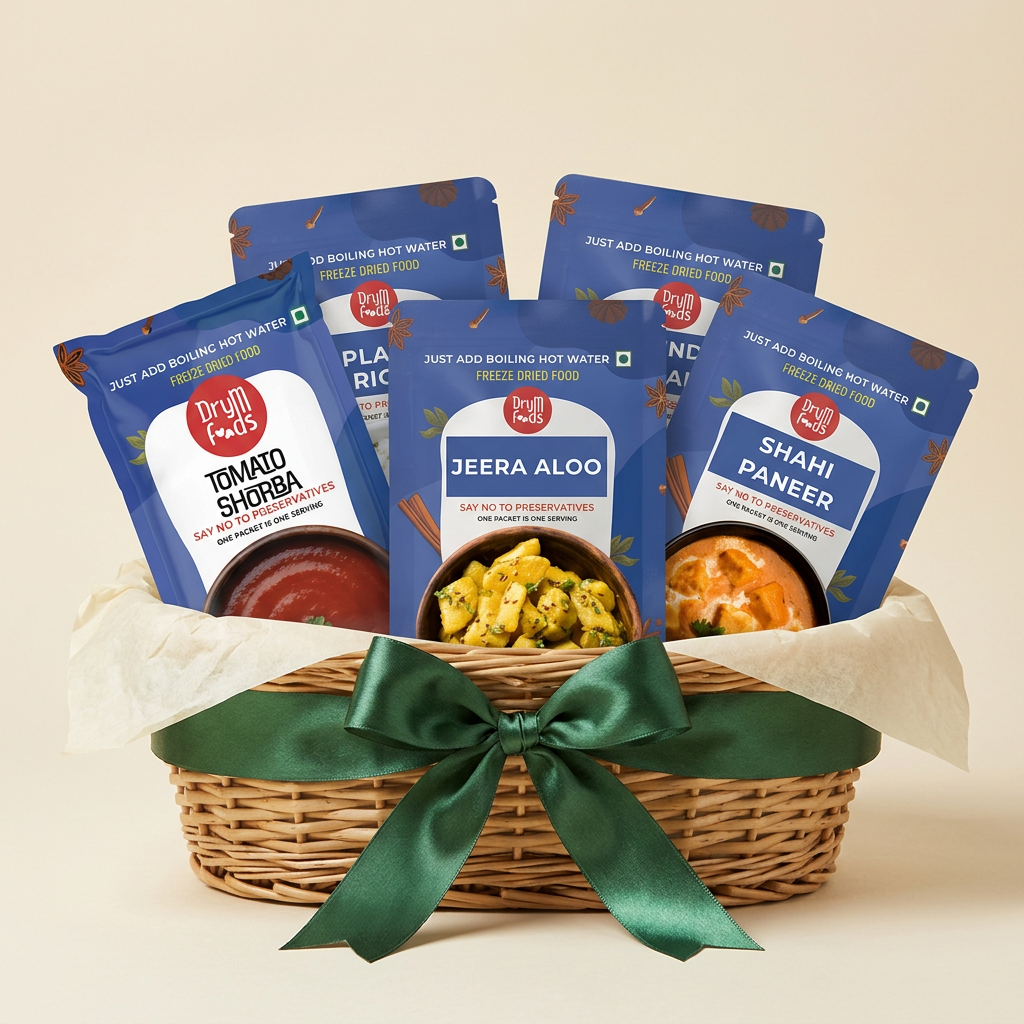 Veg Curry & Rice Combo gift basket with a green ribbon